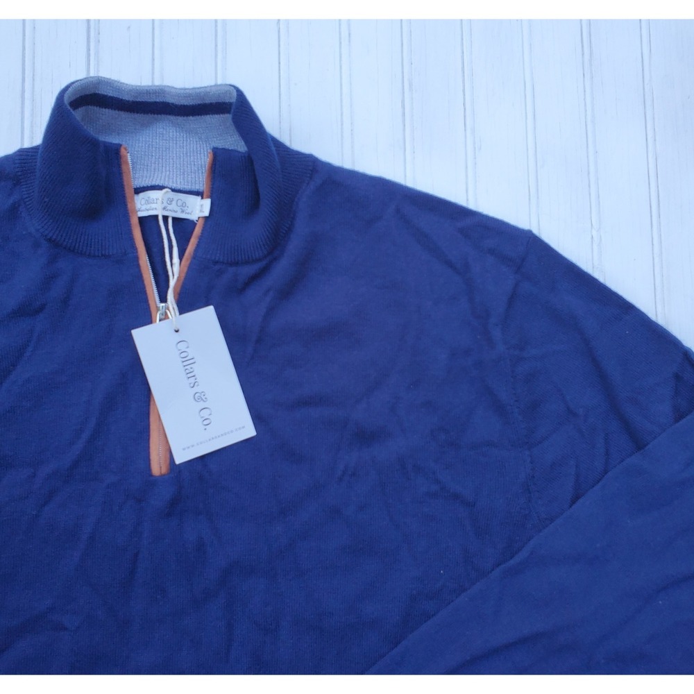 NWT Collars And Co Australian Merino Wool Sweater QZip Men's XL Navy Long Sleeve